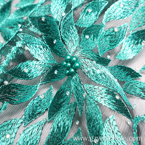 Green African Net Lace Pearl Embroidery Fabric